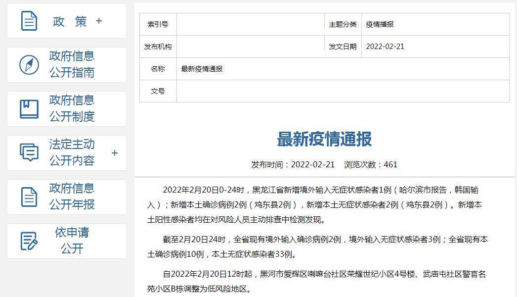 网站|黑龙江2月20日新增新冠肺炎本土确诊病例2例、本土无症状感染者2例