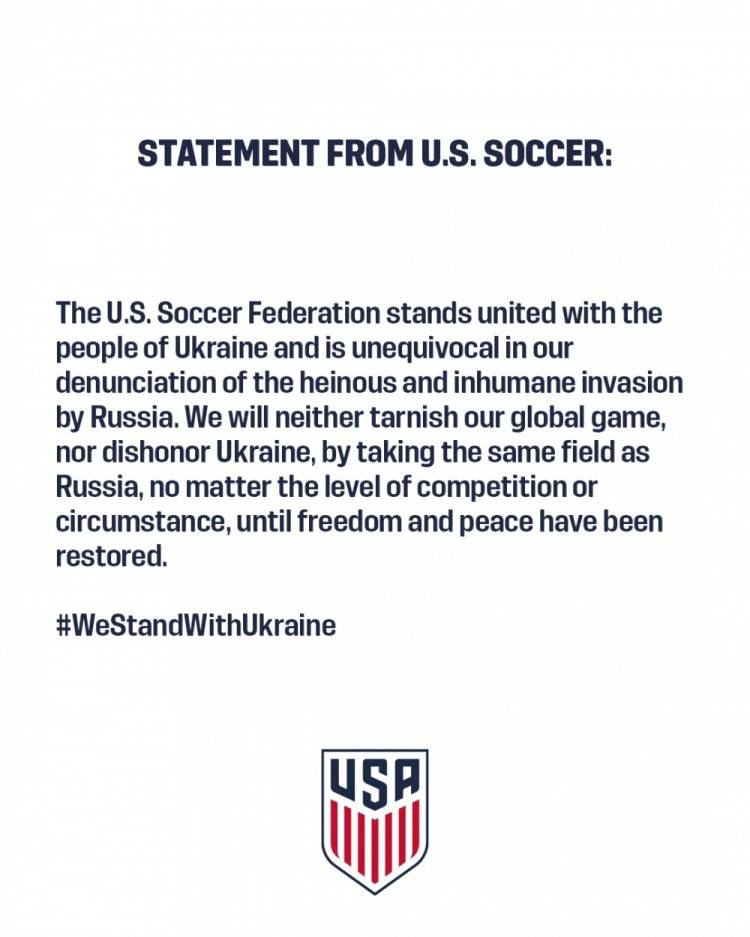 声明|美国足协官方声明：各级代表队不会与俄罗斯进行比赛