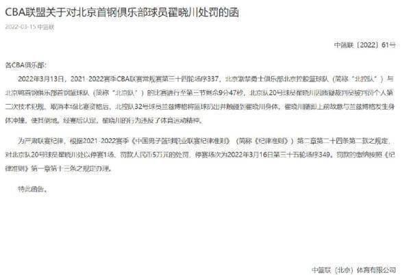 北京男篮|CBA公布对翟晓川处罚结果