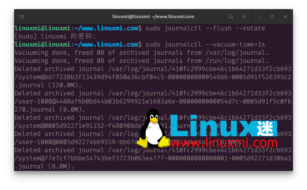 日誌清理 - 示例清理後:linuxmi@linuxmi:~/www.linuxmi.