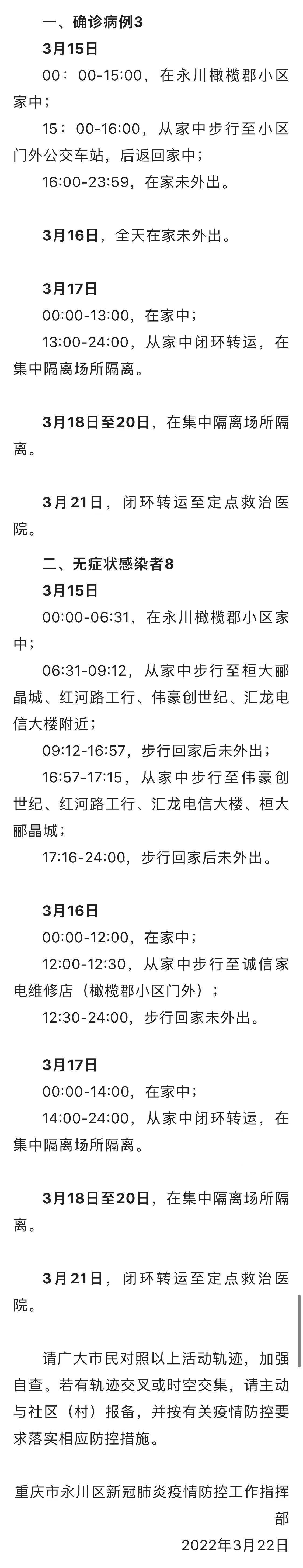轻型|重庆市永川区公布1例确诊病例和1例无症状感染者主要活动轨迹