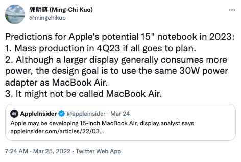 国际|郭明錤：苹果15英寸MacBook Air机型预计2023年Q4量产