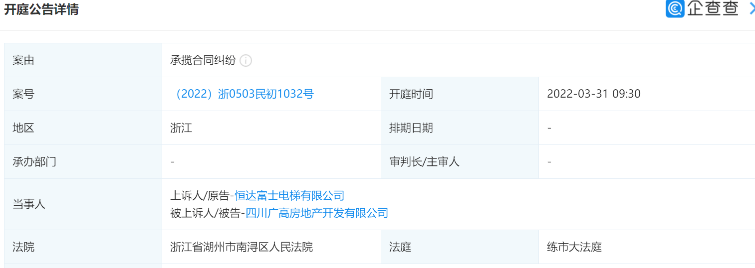 恆達富士電梯狀告四川廣高房地產案由系承攬合同糾紛