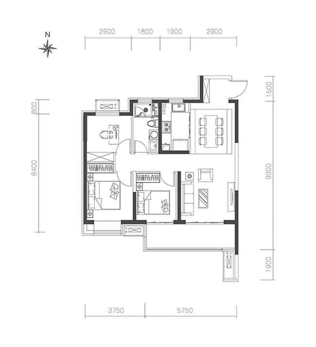 好住|万达·西岸class105㎡舒适型三居均价约10800元/㎡_户型_采光