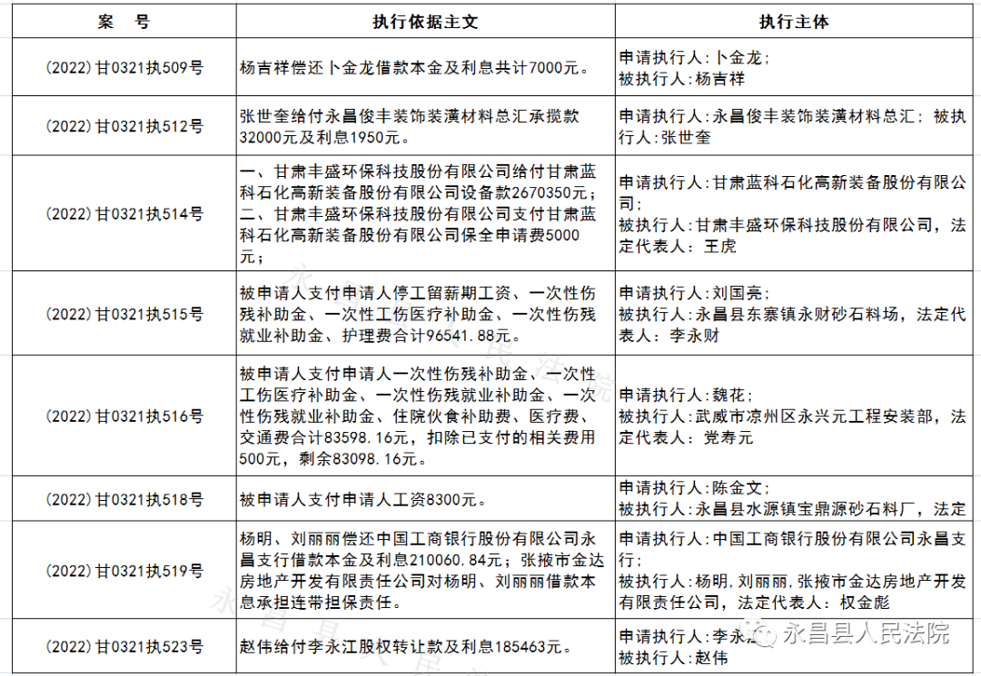 永昌县人民法院执行庭3月1日-3月15日新收案被执行人名单_财产_申报表