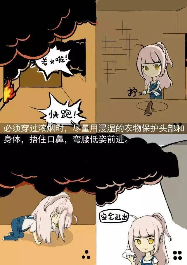 身上着火莫慌跑就地打滚压火苗小火快跑浓烟关门end