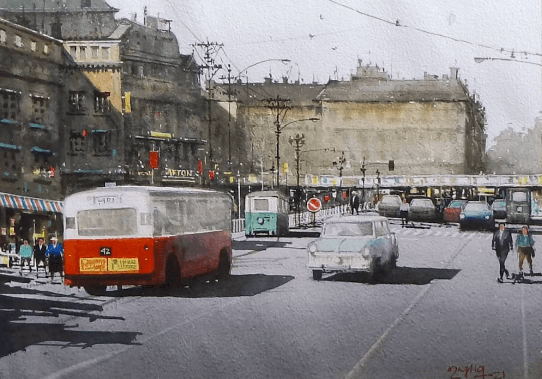 这组街景水彩多了一些热闹与繁华