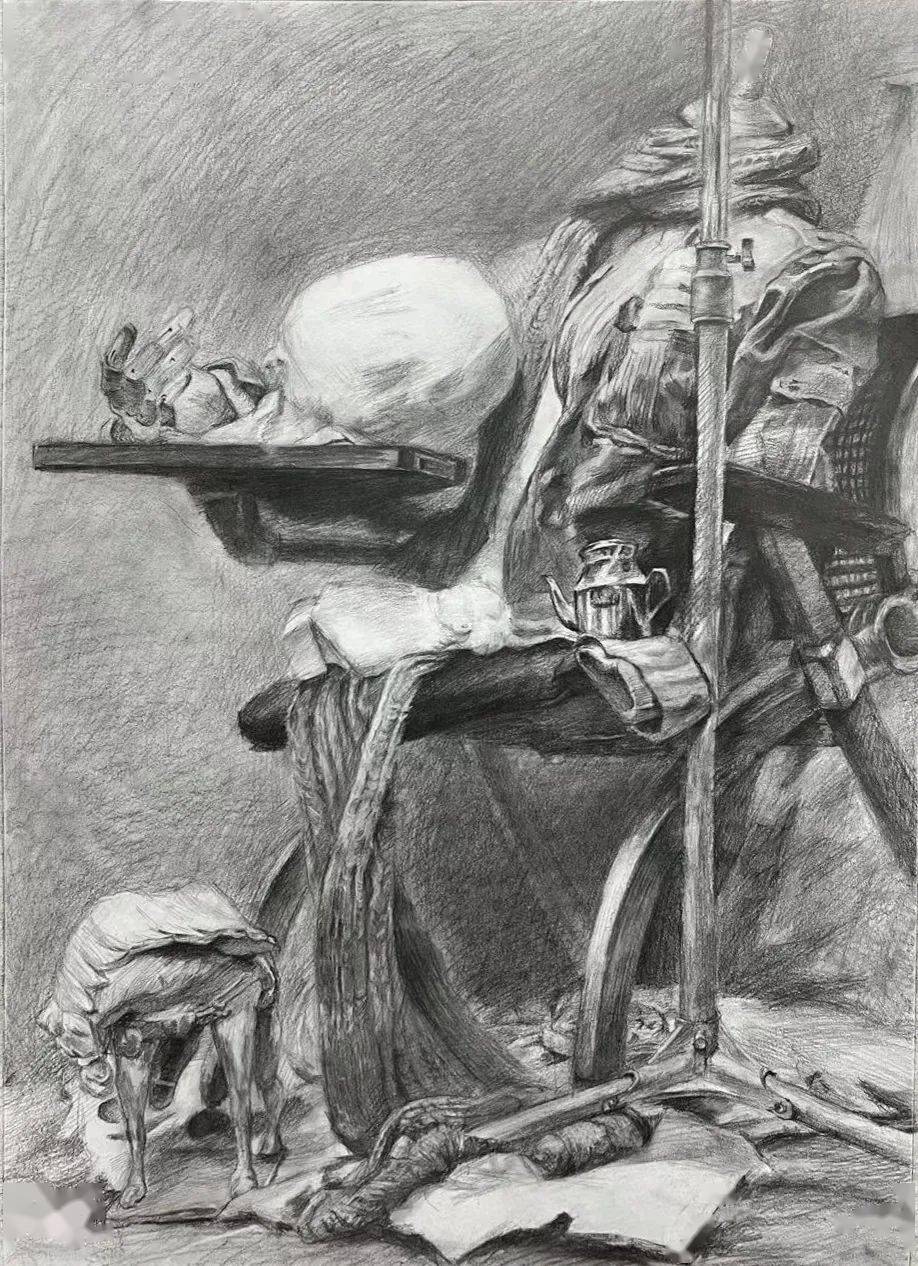 素描静物学生作品展示《鱼》水粉画156x108厘米《鱼的构想之一》水彩