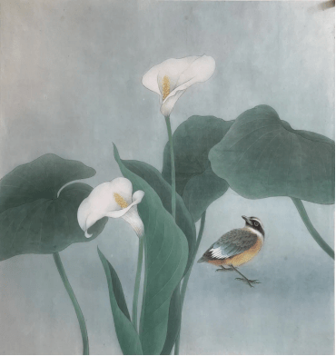 《马蹄莲·蓝翅八色鸫》《锦带花·寿带鸟》《金苞花·褐头雀鹛》