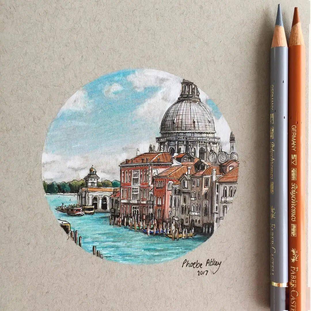 彩铅精致细腻的彩铅建筑手绘值得收藏