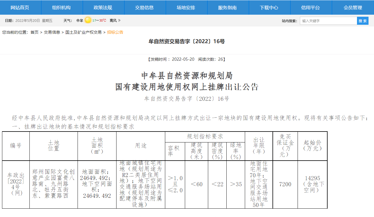 中牟1宗住宅地挂拍起始价14295万元