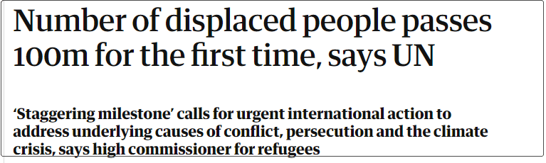 联合国难民署：全球难民及国内避难民众等总数首次超过1亿人
