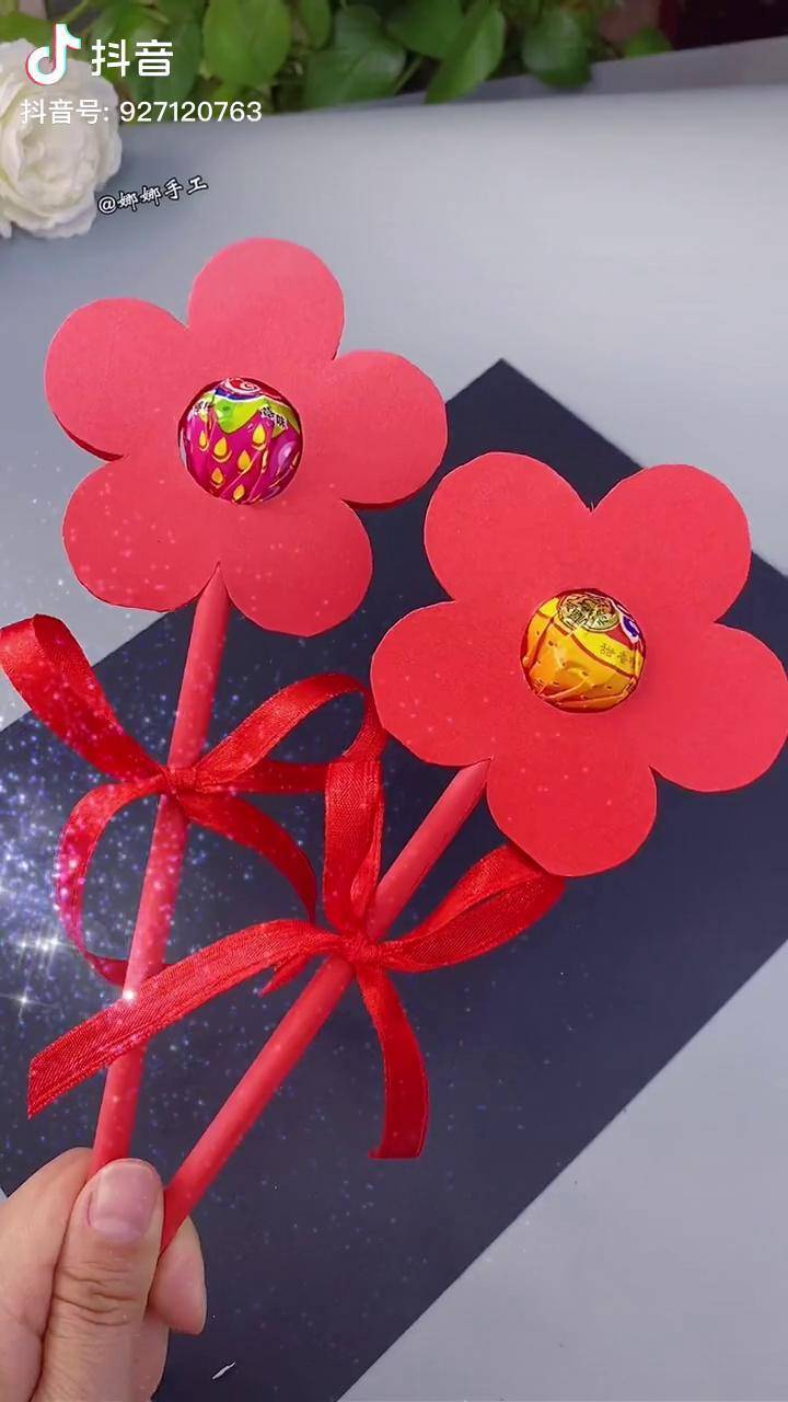 六一儿童节创意手工 一张纸就可以做出简单好看的小红花棒棒糖,手残党