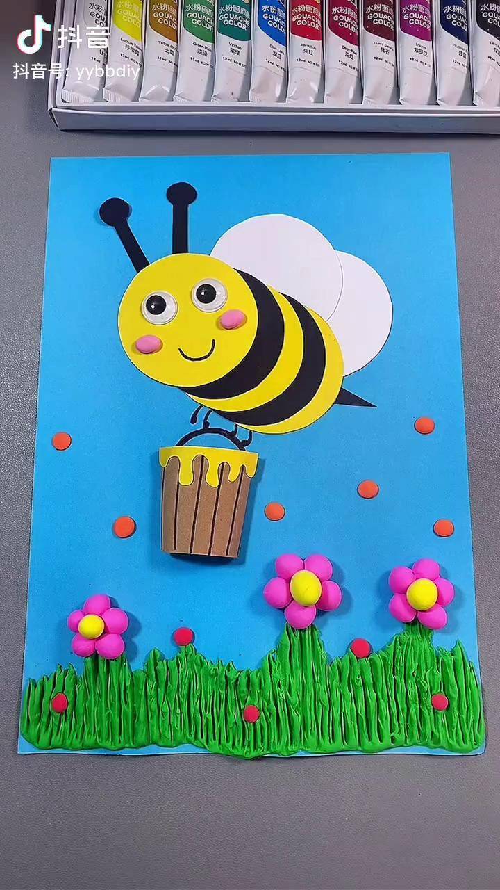 五一劳动节主题创意画,《勤劳的小蜜蜂》,小朋友一起做吧!