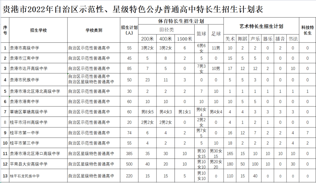 石龍民族中學等自治區示範性星級特色公辦普通高中特長生招生計劃公佈