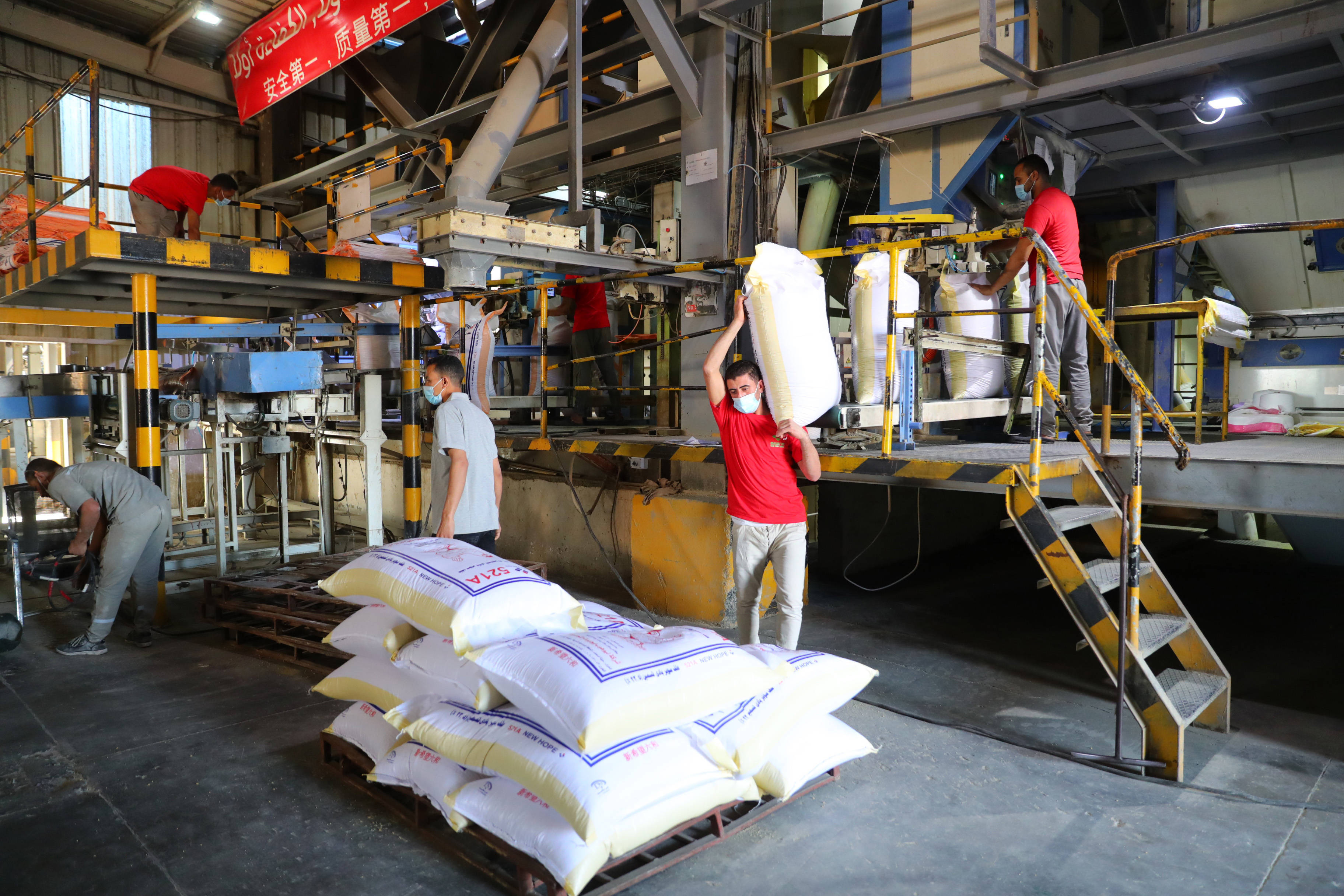 在位于埃及米努夫省的新希望埃及有限公司,工人在鸡饲料存储车间作业