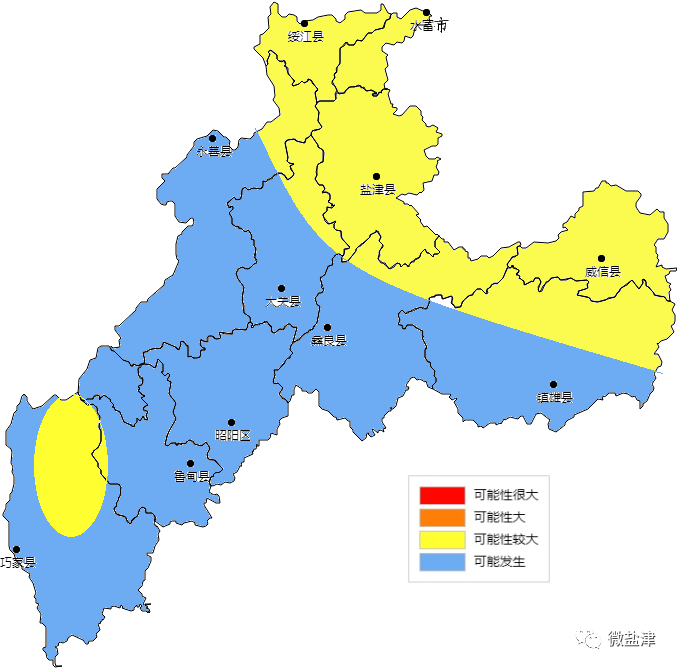 山洪灾害气象风险预报图盐津未来24小时天气预报:盐津县:中雨转大雨