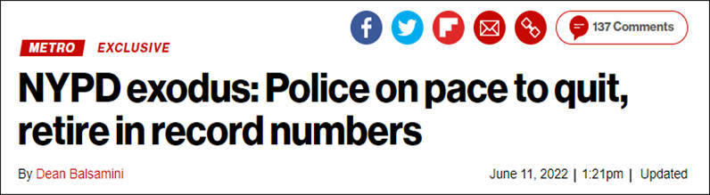 美媒：纽约市警察局离职人数创新高，有人称“这座城市已经失控”