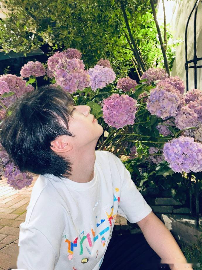 贺峻霖高考结束后首晒自拍 花丛中展现精致侧颜_配文_微博_嘿嘿