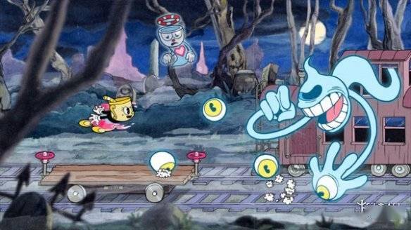 的横版过关游戏中玩家可以选择扮演茶杯头历险记cuphead或者mugman