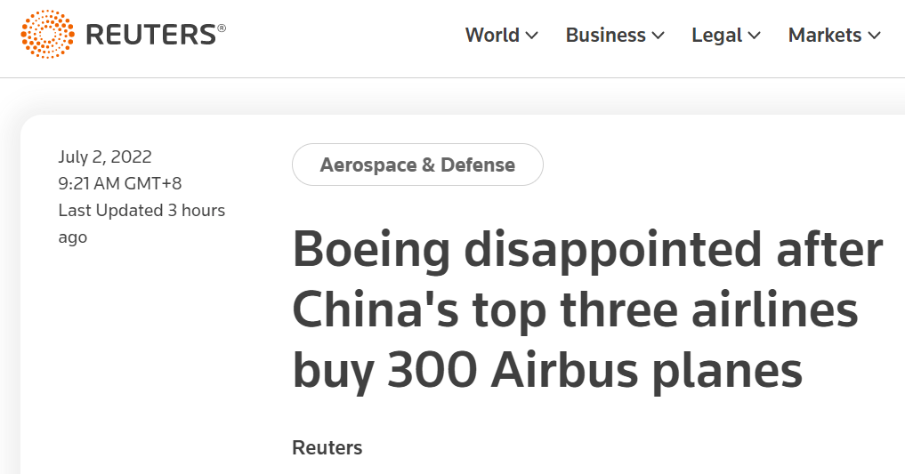 中国三大航司订购292架空客飞机后，美国波音公司果然坐不住了