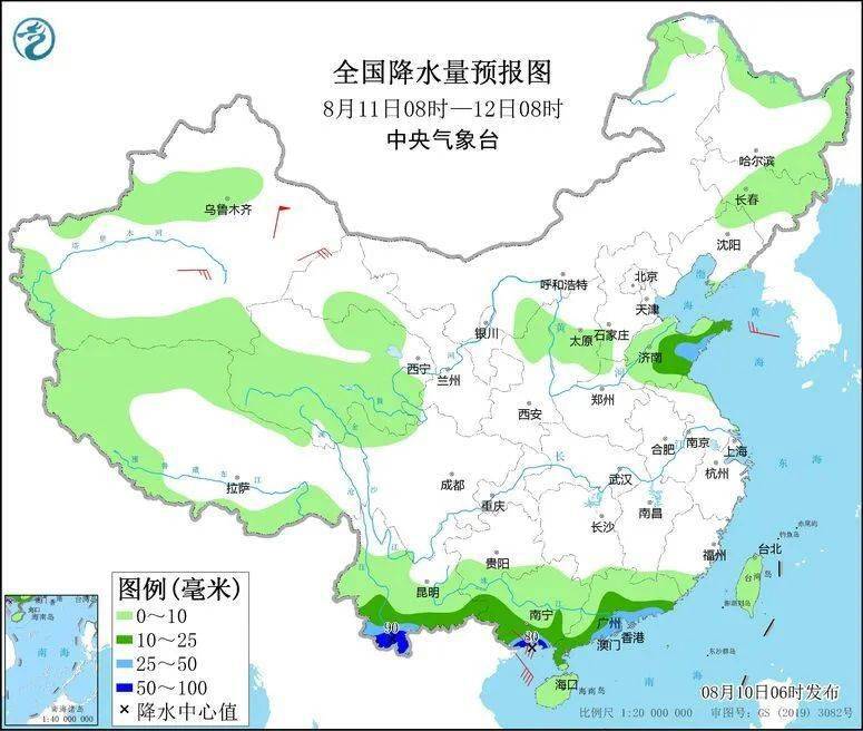 預計8月10日白天,新疆南疆盆地,陝西中南部,河南南部,安徽,江蘇,上海