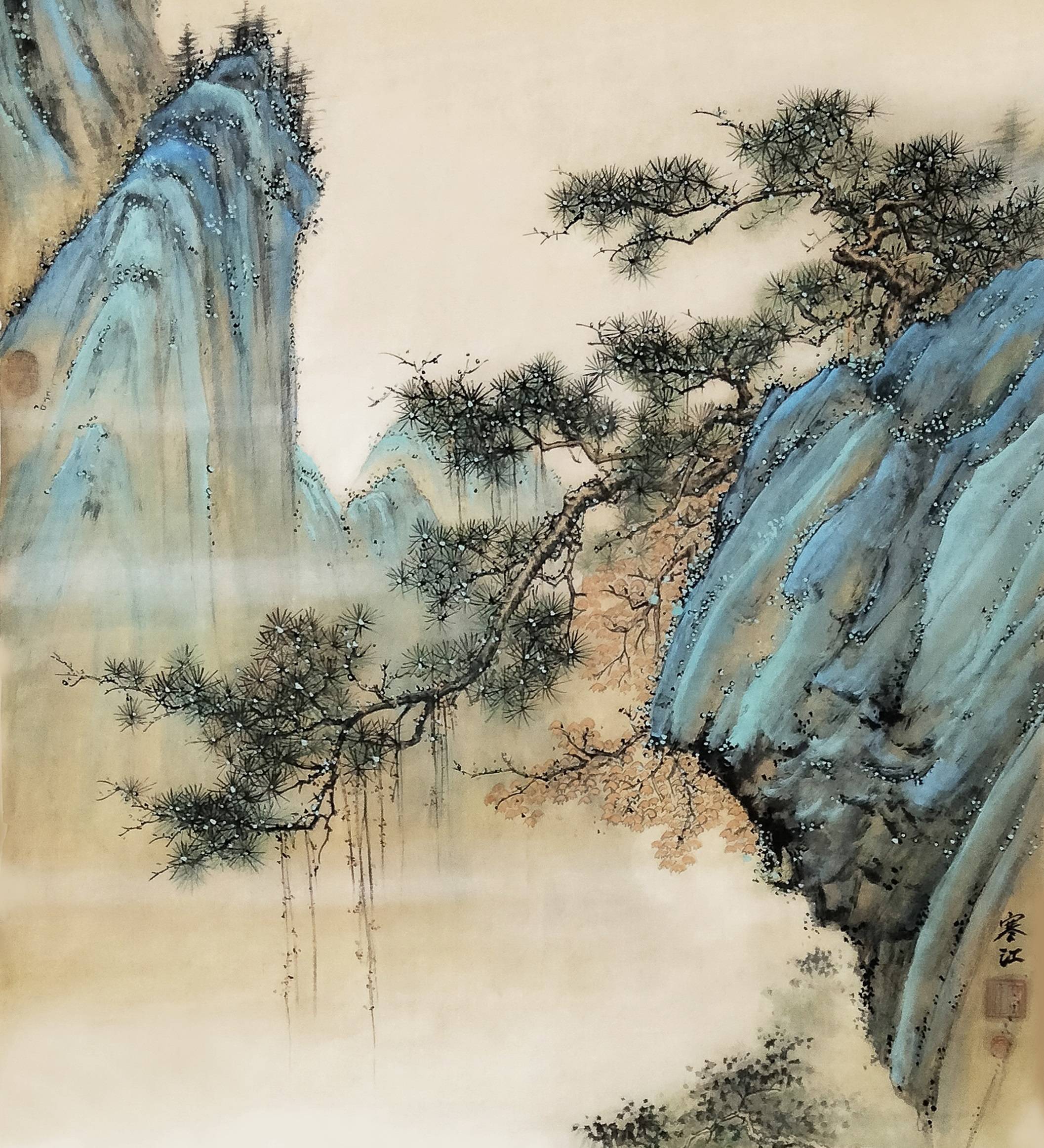 界画寒江---工笔青绿山水《高士观山图》_作品_文史_陈少梅