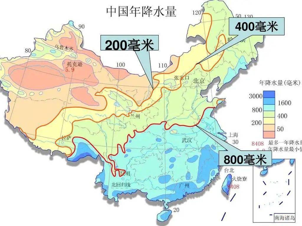 北段大体沿大兴安岭,阴山,贺兰山,祁连山(东端)一线,南段比较接近200