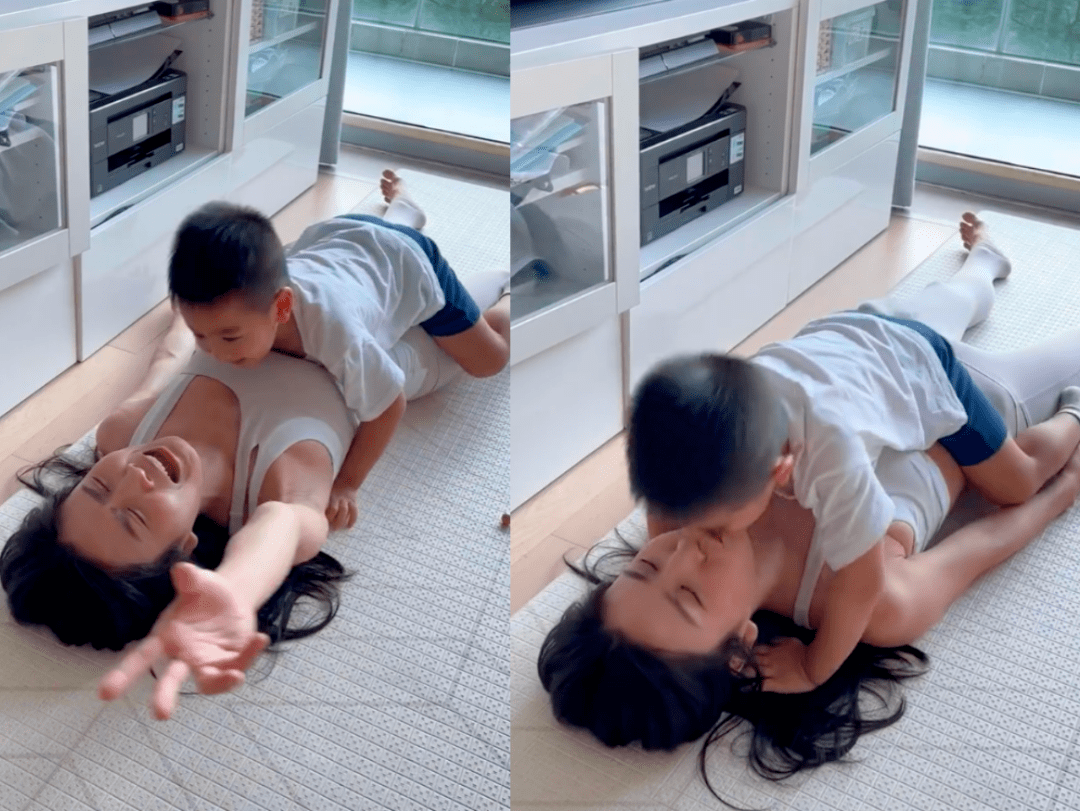 艺人林芊妤被儿子趴身上,两人对嘴亲吻引网友争议,穿短上衣大秀腹肌