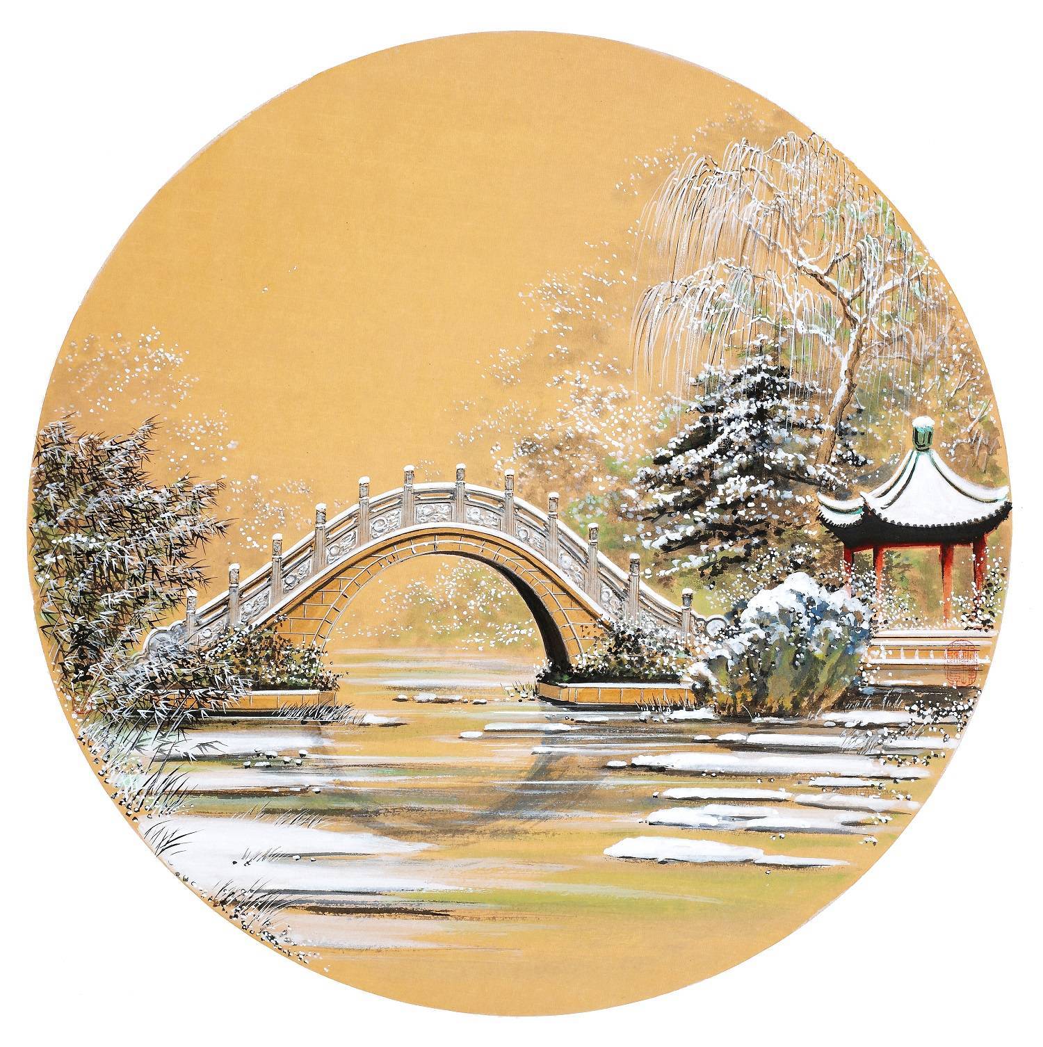 圆形雪景山水画小品图片