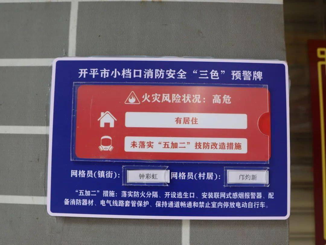 道路两旁的"三小"场所门外都挂有消防安全"三色"预警牌,"绿牌"代表该