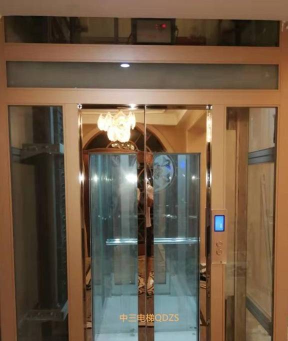 感受电梯机械设计之美:中三曳引式全观光家用别墅电梯_玻璃_螺杆式