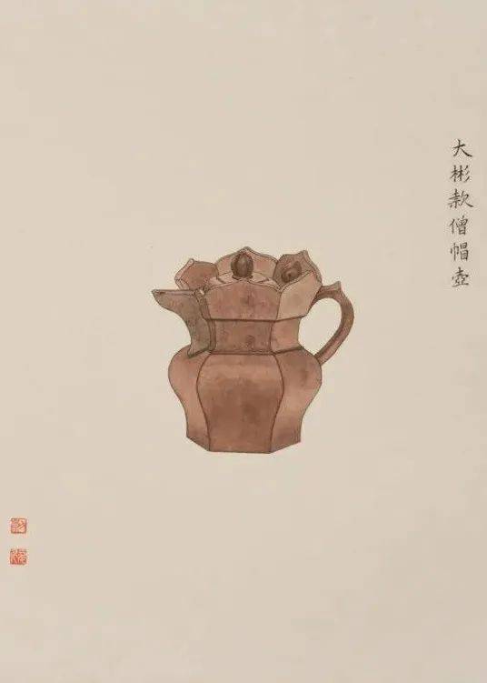 此尊顾景舟大师的僧帽壶,远观似一饱满壮美之冠帽,其壶身作六角形僧帽