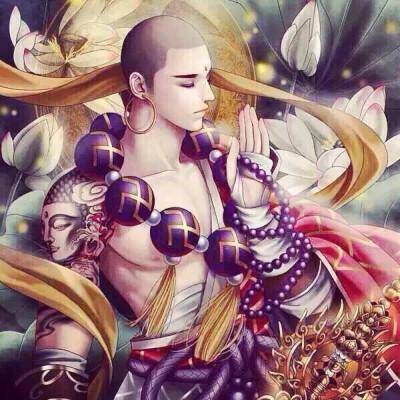 "黑袍,黑发的无天佛祖端坐在黑莲上面带笑