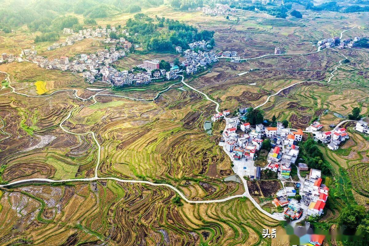 航拍广西喀斯特洼地梯田逶迤层叠如大地指纹_田埂_乡村_小道