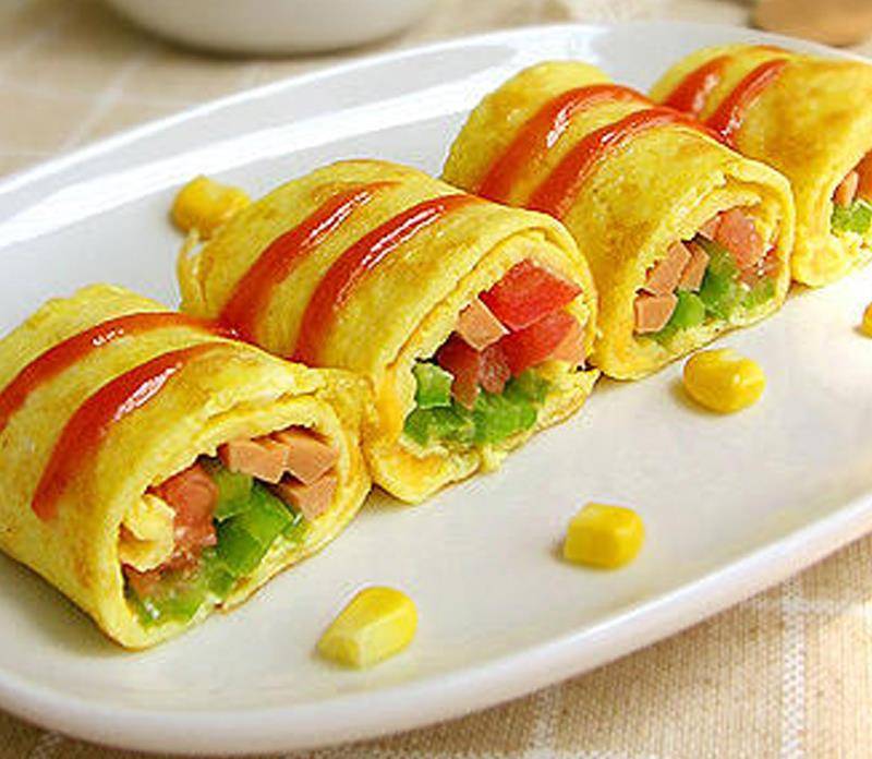 小朋友爱吃的营养餐,火腿蔬菜鸡蛋卷在家做,色彩丰富十分钟搞定_做法