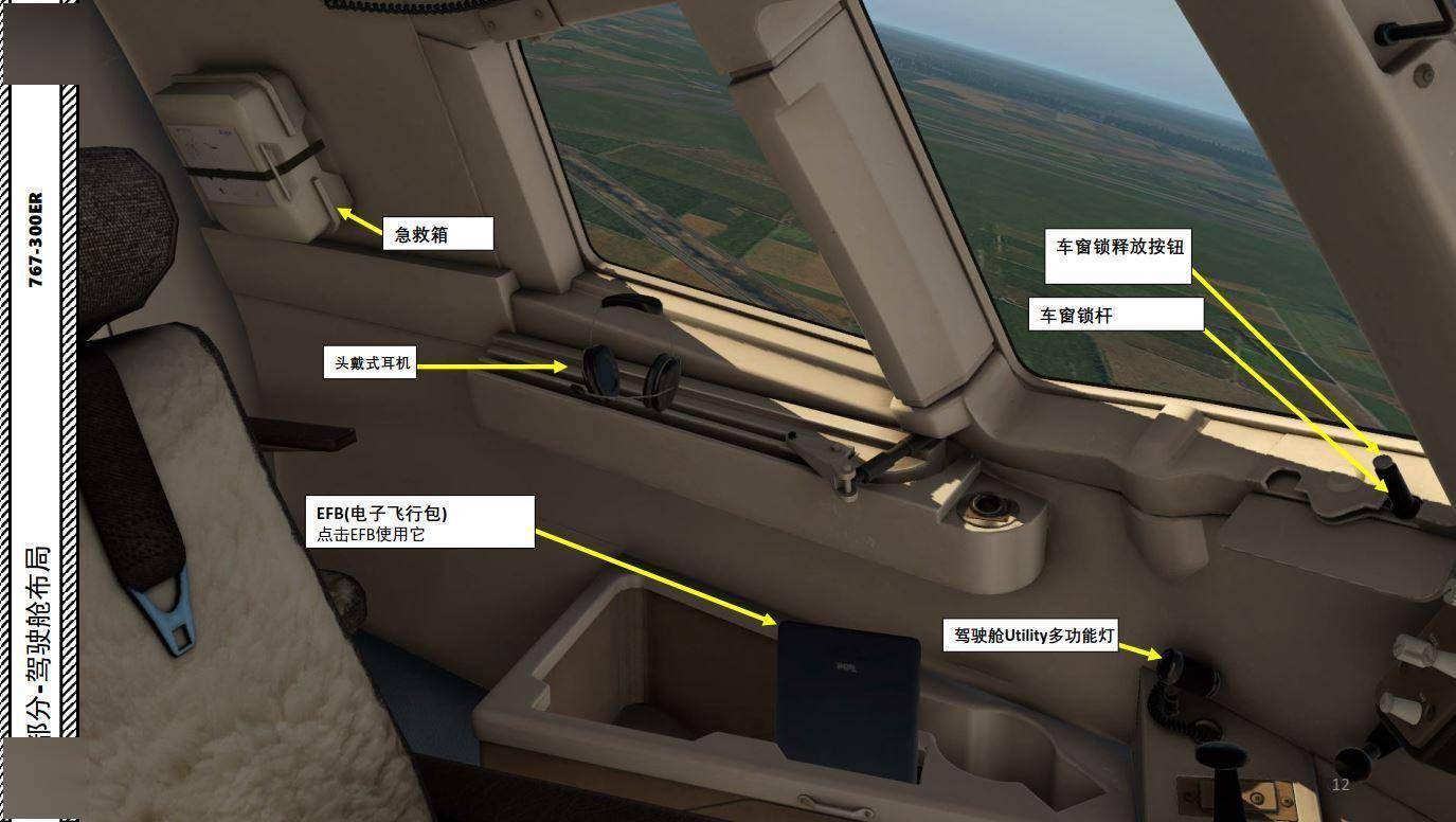 efb(電子飛行包)點擊efb使用它頭戴式耳機急救箱車窗鎖釋放按鈕駕駛艙