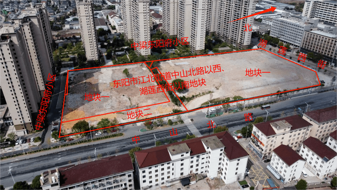 地塊位於東陽市江北街道,中山路以西,湖蓮西街以南,地塊出讓面積約43.