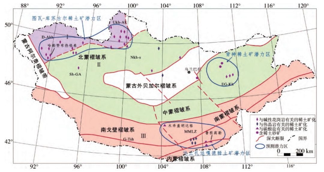 處,稀土礦點71處,稀土礦化區超過260處,典型稀土礦床有哈勒贊布熱格泰