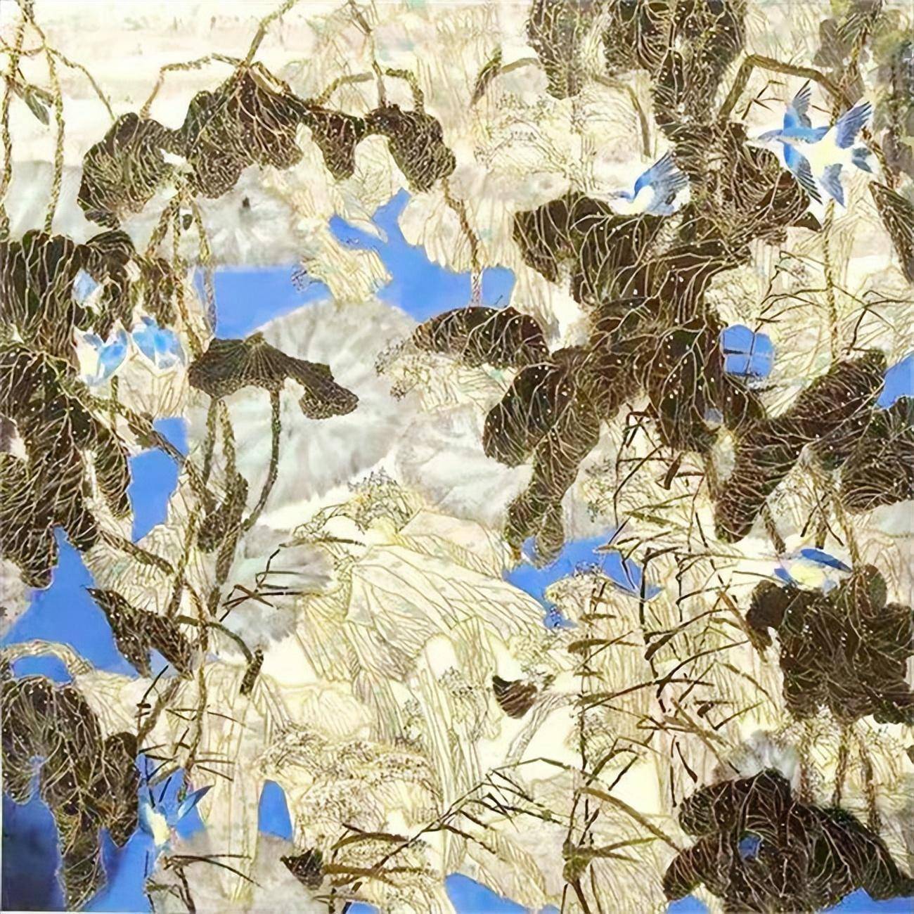 著名画家边广兰《荷塘印象》生宣纸 岩彩【元曲小令:山坡羊】镇平石佛