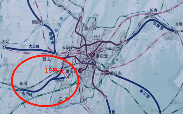 经大安,璧山丁家,璧山青杠,在曾家接入城轨道15号线,根据地图所示永川