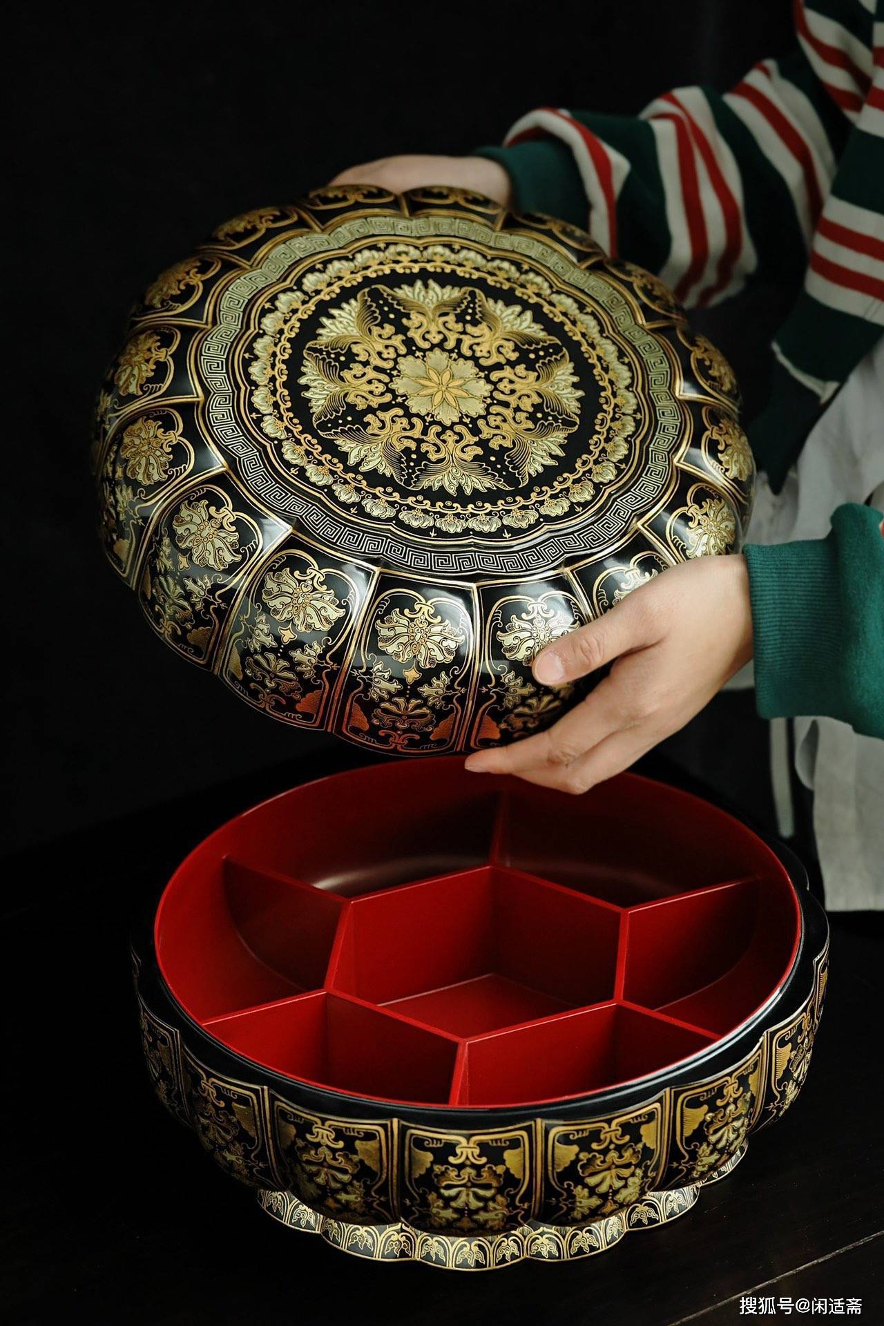 宫廷技艺,大漆描金缠枝莲,十六瓣大果盒_漆器_工艺_皇家