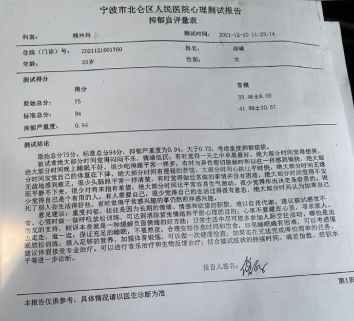 抑郁症报告单自己图片