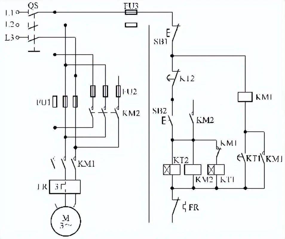 器控制星三角啟動電路圖圖中左側為電氣實物接線圖,右側為電氣原理圖