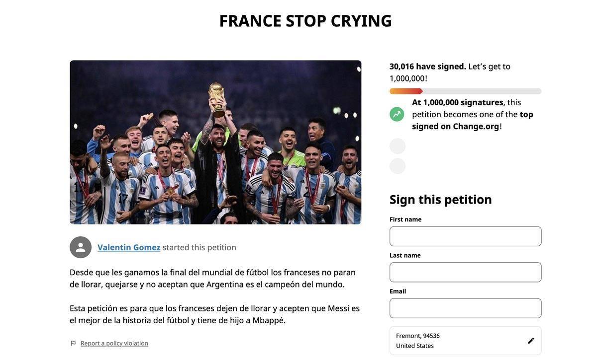超20万人请愿世界杯决赛重踢后，70余万阿根廷队球迷签名让“法国别哭了”