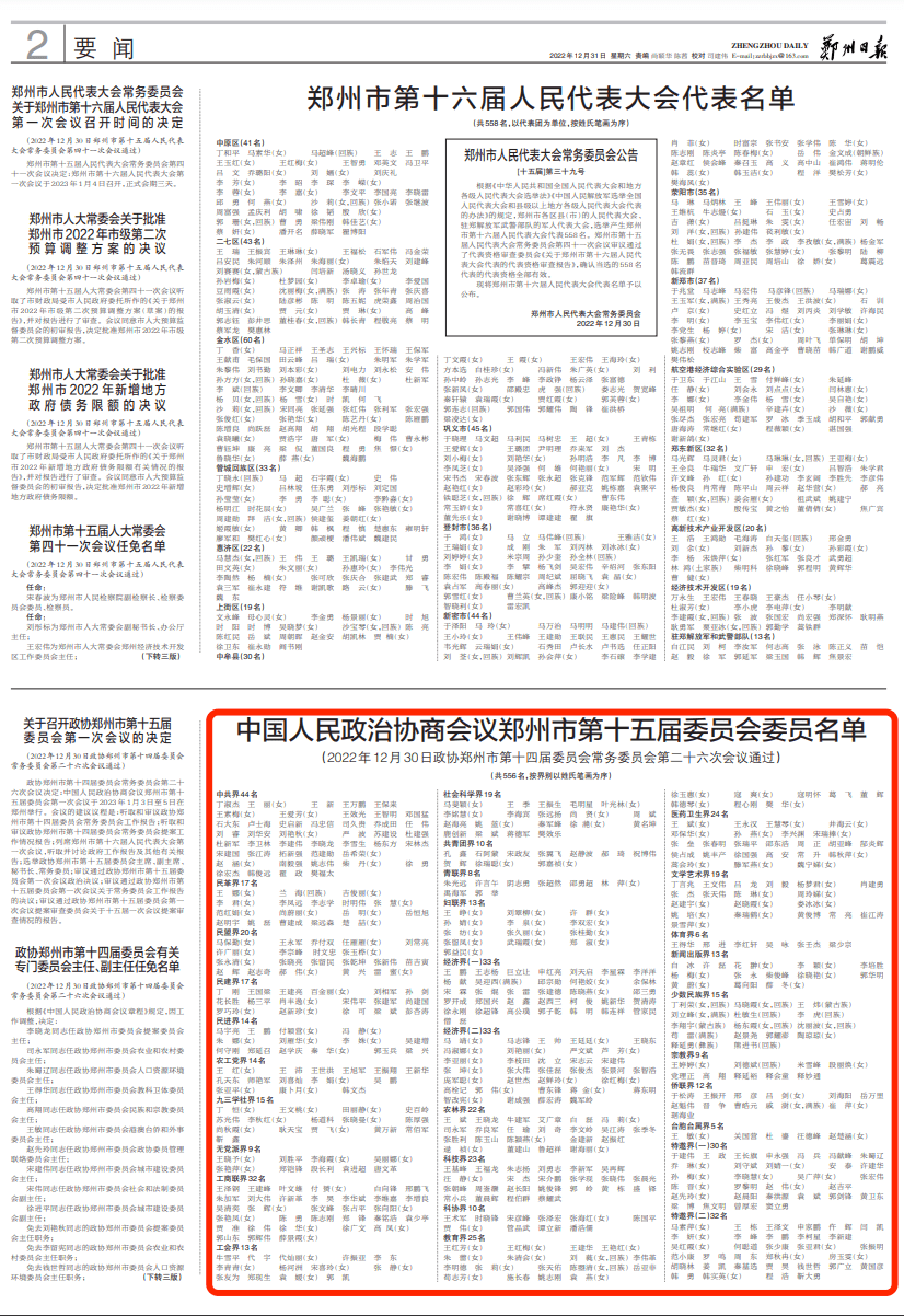中国人民政治协商会议郑州市第十五届委员会委员名单