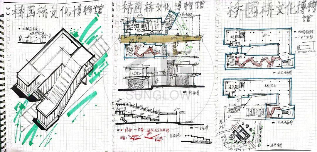 案例抄绘05 | 轴线,折板,漫游——天津桥园桥文化博物馆