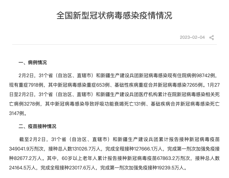 中疾控传递：1.27～2.2 期间在院新冠灭亡 3278 例