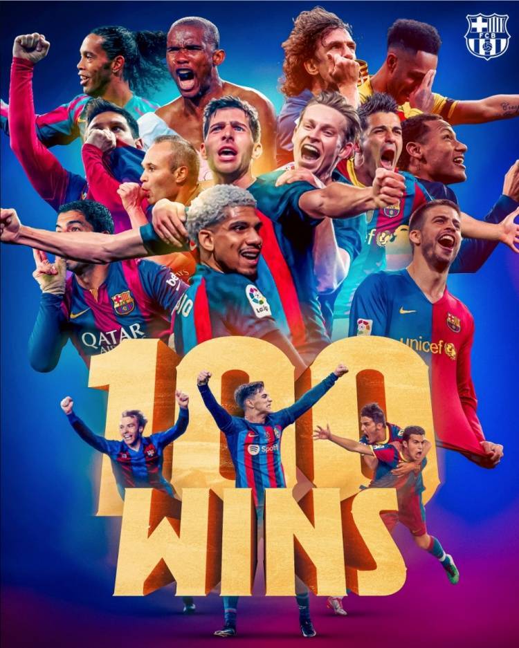 巴萨晒海报庆祝国家德比第100场胜利,梅西,小罗,埃托奥在列_皇马_比赛