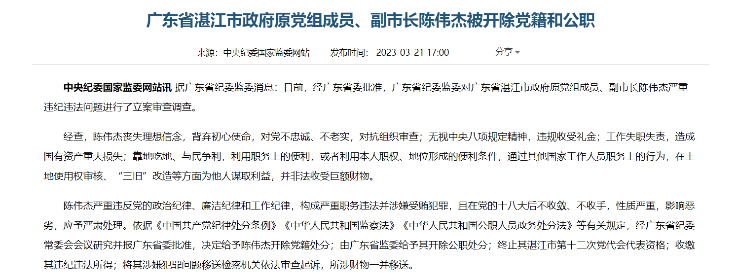 广东省湛江市政府原党组成员,副市长陈伟杰被开除党籍和公职_严重